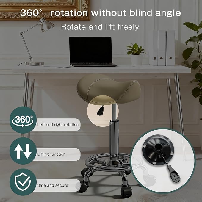 Saddle Stool with Wheels, Adjustable Rolling Stool Chair with Back Support, Ergonomic PU Leather Saddle Chair for Salon, Massage, Tattoo, Medical, Spa, Office (Khaki, 1PCS)