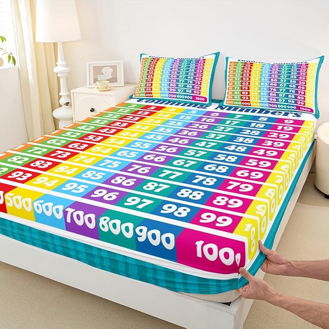 Numbers Alphabet Fitted Sheet Full, Educational Learning Bedding Set for Kids Boys Girls Numbers Bed Sheet Set Learning Time Bed Cover (2 Pillow Cases and a Fitted Sheet)