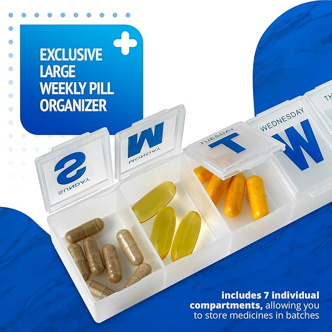 Weekly Pill Organizer - Extra Large Pill, Medicine, Vitamin Organizer Box, Weekly, Daily Planner Container with Easy to Read Letters, BPA Free - Daily Travel 7 Day Medication Pill Box Case