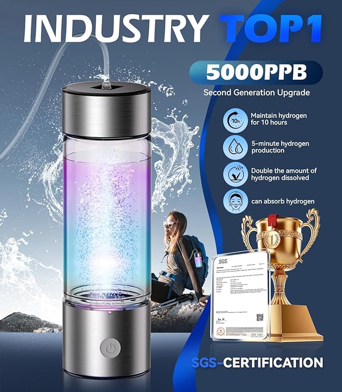 6.0 Upgrade Hydrogen Water Bottle & Hydrogen Absorption 【SGS Certification - 5000PPB】 Hydrogen Water Bottle 【NO.1-24-Hour Hydrogen Lock】 2026 SPE PEM Technique, Double Hydrogen Content - Silver