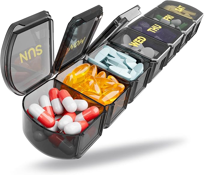 Large Pill Organizer Weekly - SHIJOINYU 7 Day Pill Box with Easy-Open Design, Daily Medicine Pill Organizer for Vitamins, Supplements, Fish Oils and Medications - Black