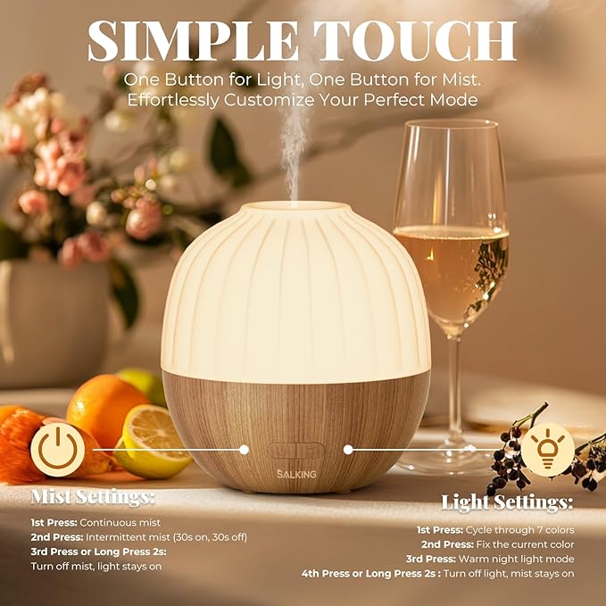 SALKING Essential Oil Diffuser, 300ml Aromatherapy Diffuser for Essential Oils, Ultrasonic Diffuser with Adjustable Mist Mode Timers, Cool Mist Humidifier with 8 Color Lights, for Office Home