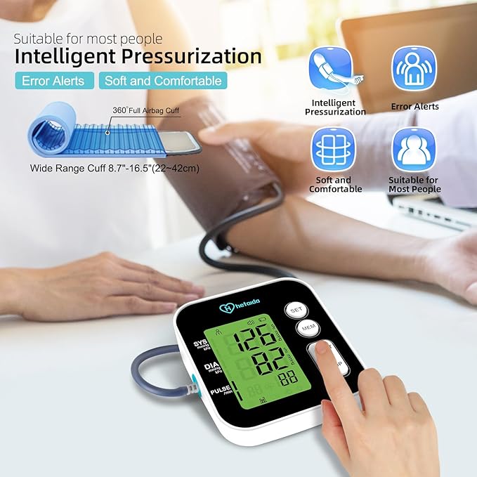 Hetaida Upper Arm Blood Pressure Monitor – Large Backlit Display, Voice Prompt, USB & Battery Powered, 2‑User Memory, FDA Cleared for Home Use