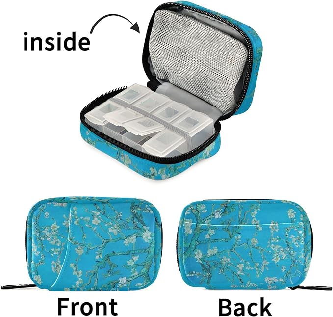 Van Gogh Almond Blossoms Blue Travel Pill Organizer Weekly Small (Cute) Pill Box 7 Day Pill Case Vitamin Holder Pill Bottle Organizer