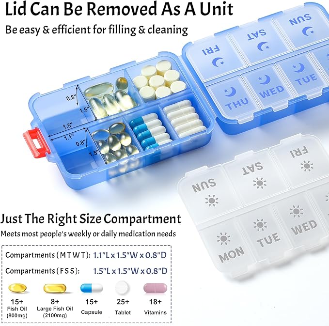 Foldable & Portable Weekly Pill Organizer 2 Times A Day with Etched Labels, Clear Blue + 3 Pack, 14 GRIDS Travel Pill Organizer Box