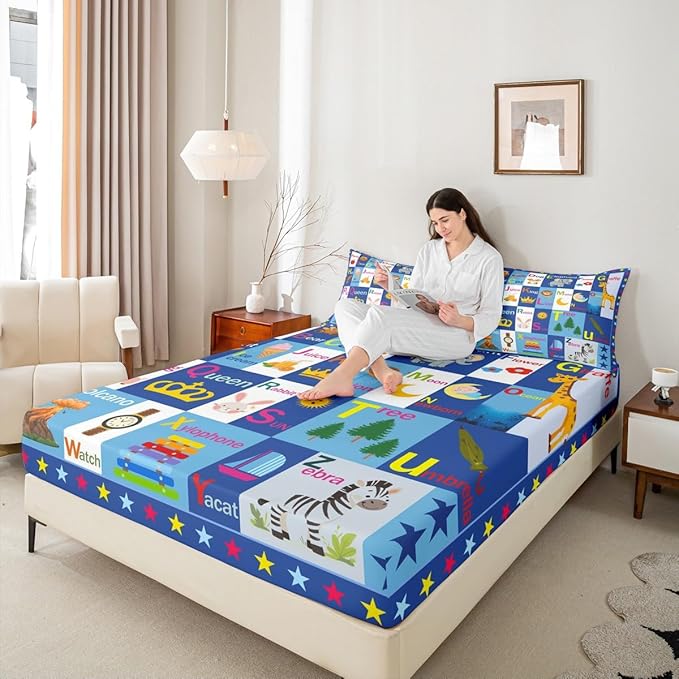 Feelyou Kids ABC Alphabet Bed Sheet Set Queen Size, Educational Fitted Sheet Boys Girls Learning Bedding Set Teens Bedroom Decor with 2 Pillow Case (No Flat Sheet)