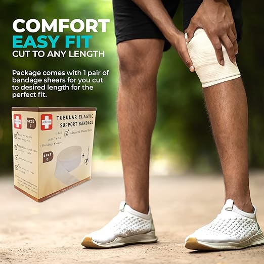 Tubular Compression Bandage Size C (2.65” x 33 ft) – Elastic Stockinette Support Sleeve for Small Knee, Elbow, Forearm, Calves, Full Arm Cut-to-Fit, Washable Reusable, No Tape – Plus Medical Scissors