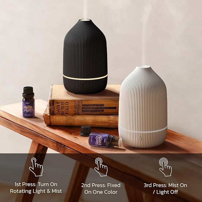 Essential Oil Diffuser, 2Pack, 100ml Aromatherapy Diffuser, Mini Ultrasonic Diffuser for Essential Oil, Home, Office, Cool Mist Humidifier with 7 Led Light, Auto Shut-Off, White & Black