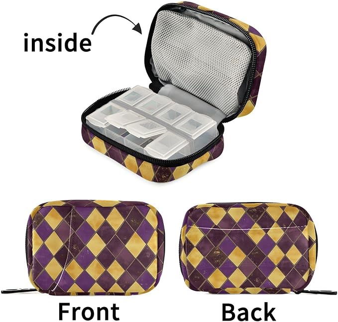 Fustylead Purple and Gold Diamond Pattern Travel Pill Organizer Case Zipper for Purse with Removable Weekly Pill Box for Medicine, Vitamin, Supplement Medicine Organizer