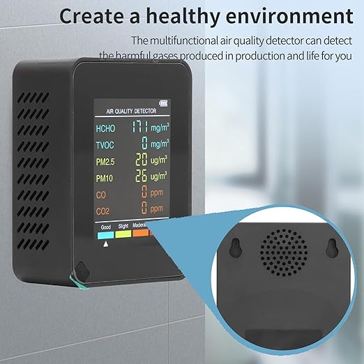 CO2 Monitor, Indoor Air Quality Meters Portable Carbon Dioxide Detector, LCD Backlight Screen CO2 TVOC HCHO PM2.5 PM10 Tester with Alarm Clock, for Home, RV, Grow Tents (Black)