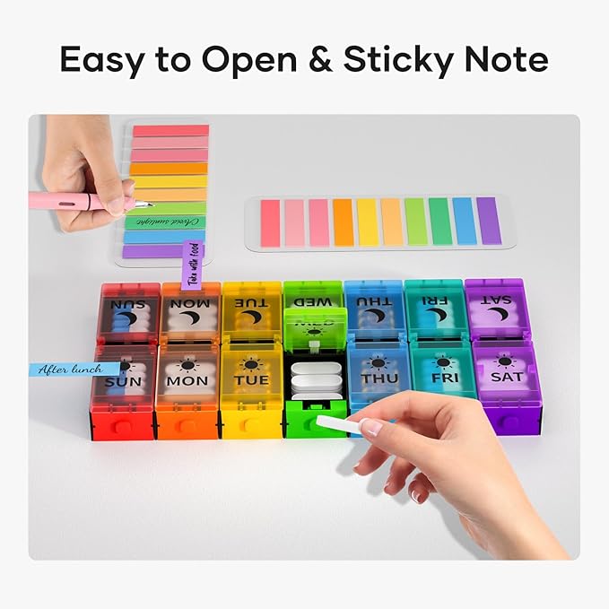 Push Button Pill Organizer 2 Times a Day, Weekly Medicine Pill Organizer, Pill Box Case 7 Day AM PM BPA-Free, Pill Container for Vitamins, Fish Oil, Supplements Medication (Colorful)