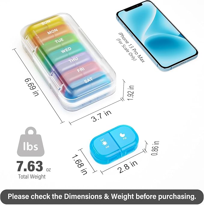 Vikie Weekly Pill Organizer 2 Times a Day with AM PM Sections, BPA-Free, Portable & Moisture-Proof for Pills, Vitamins, Supplements (2x7 Transparent + Rainbow)