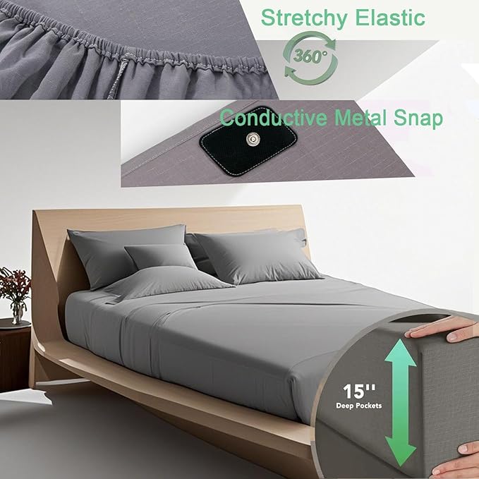 Grounding Sheets King Size, 20% Pure Silver Fiber + 80% Organic Cotton, Grounded Sheet Earth Connected Bedding Fitted Earth Sheets with Cord