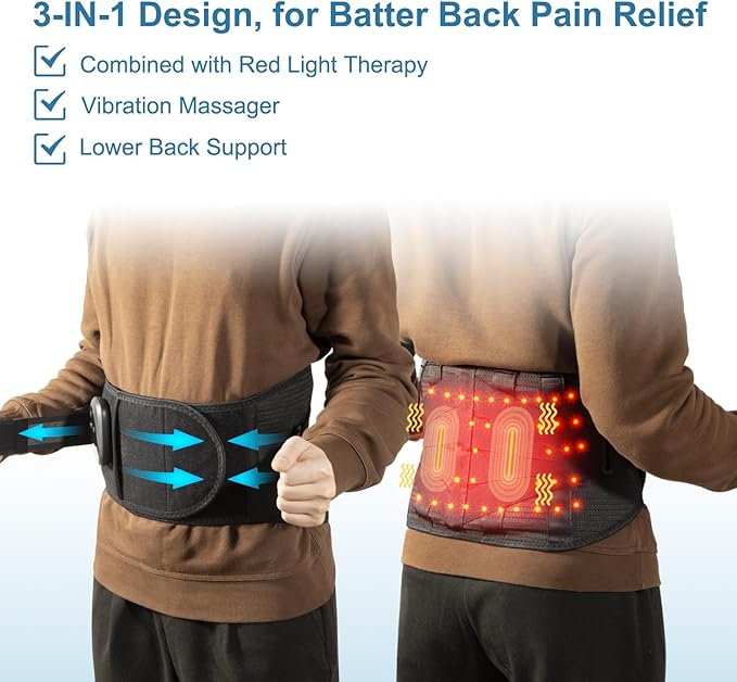 Lower Back Massager Belt with Red Light Heating Therapy, Cordless Heating Pad for Back, Rechargeable 5000 mAh Battery, Heated Back Brace Warmer Belt for Back Pain Relief,L