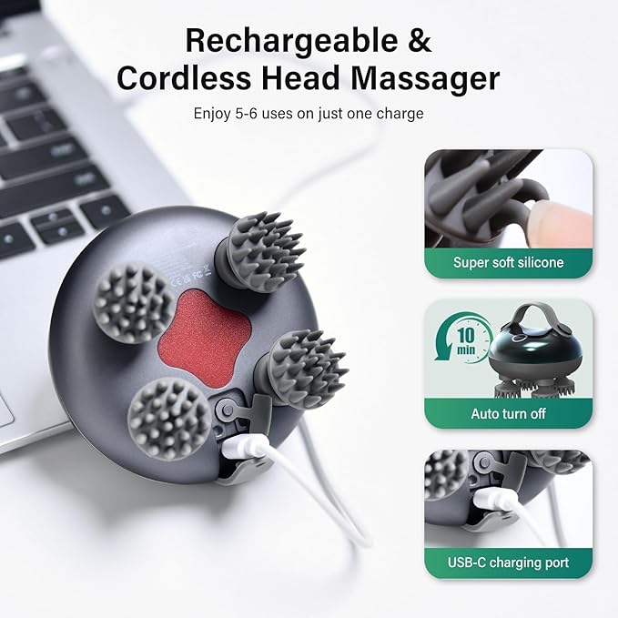 arboleaf Scalp Massager Electric, Portable Head Massager Scalp Stress Relax, Waterproof 6 in 1 Hair Massage with 8 Removable Claws, Rechargeable Hair Head Scratcher, Gifts for Her Him