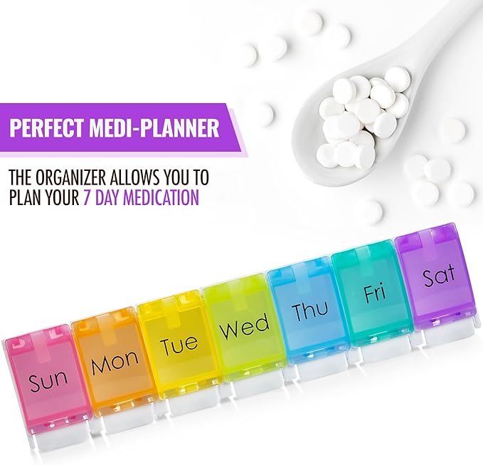 7 Day Pill Organizer - with Push Button Assisted Open a Daily Travel Pill Box Case Planner and Large Compartments for Medication Vitamins Fish Oil & Supplements, BPA Free