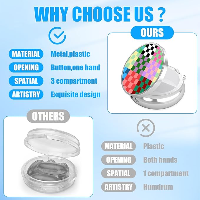 Colorful Checkered Pill Case, Pill Box 3 Compartments Metal Small Pill Holder with Mirror Mini Travel Pill Container for Purse Pocket Women Men