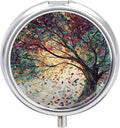 Transparent 3-Compartment Medicine Pill Case, Portable Round Pill Box for Pocket or Purse, Decorative Metal Medicine Vitamin Organizer. (The Tree)