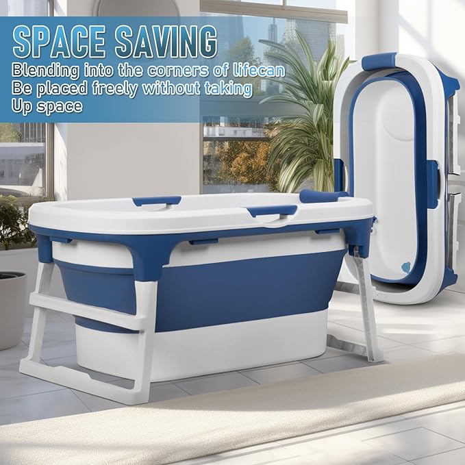 Portable Bathtub, 58/56/50/46 Inch Collapsible Bathtub, Freestanding Foldable for Adults, Folding Tub for Shower, Hot Bath, Ice Bath (Blue-C-140cm)