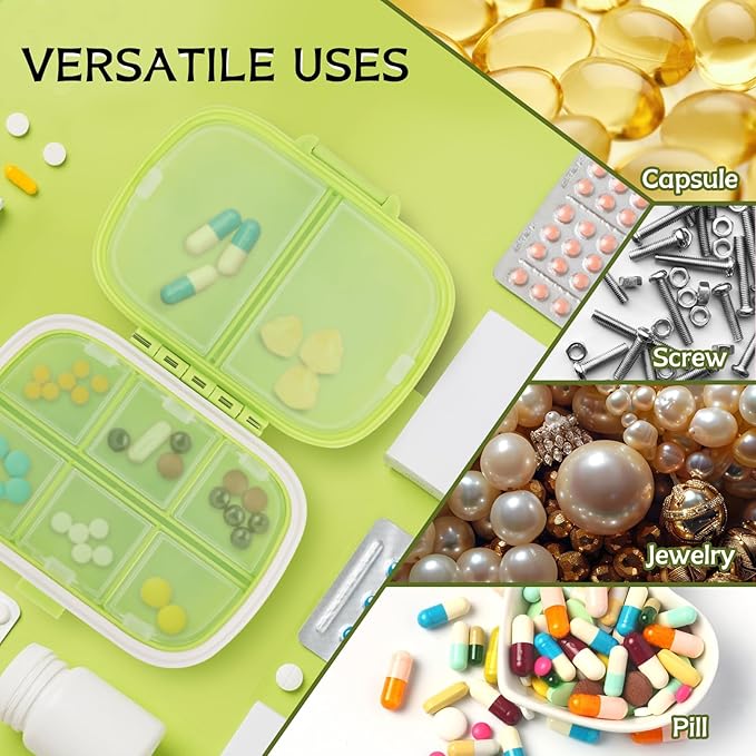 18 Pack Travel Pill Boxes Bulk Small Pill Case Portable Pill Organizer 8 Compartments Pill Box Dispenser Daily Vitamin Jewelry Organizer Travel Must Haveswith(3 Colors with 192 Pcs Labels)