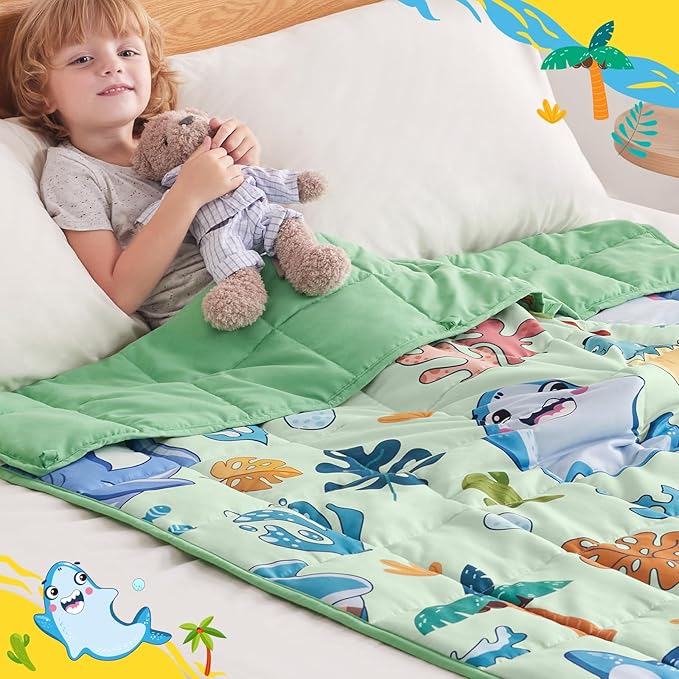 anfie Weighted Blanket Kids(40"x60" 10lbs) Weighted Blanket Cooling Blanket for Sleeping,Throw Size Breathable Blanket with Premium Glass Bead(Green Shark)