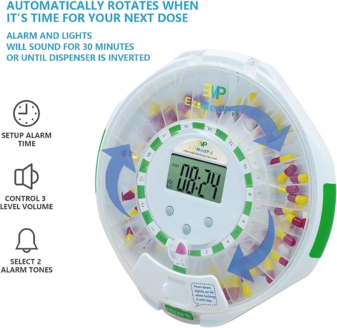 EziMedPil Bluetooth Pill Dispenser w/Audio & Visual Alerts, SmartLife Setup, up to 9 Alarms/Daily, 9 Dosage Templates, LCD Display, Lock Medication Dispenser w/Key for Prescriptions & Vitamins, Clear