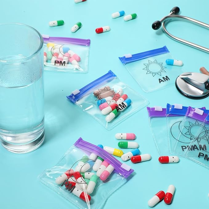 24 Pieces Pill Pouch Bags Zippered Set Reusable Translucent Medicine Organizer Sealing Travel Plastic Bags with Slide Lock for Storage(Purple, Blue)