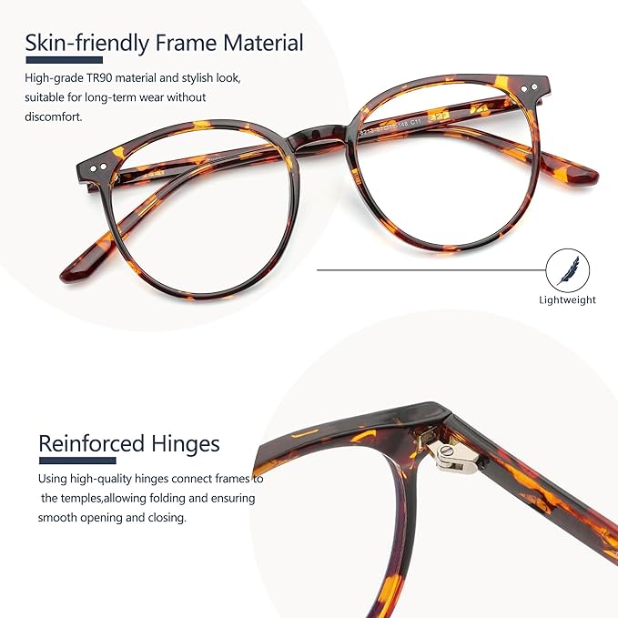 2 Pack Blue Light Blocking Glasses for Women and Men, Round Frame Computer Gaming Anti Eyestrain & UV Glare RF6213 (Clear + Coco Tortoise)