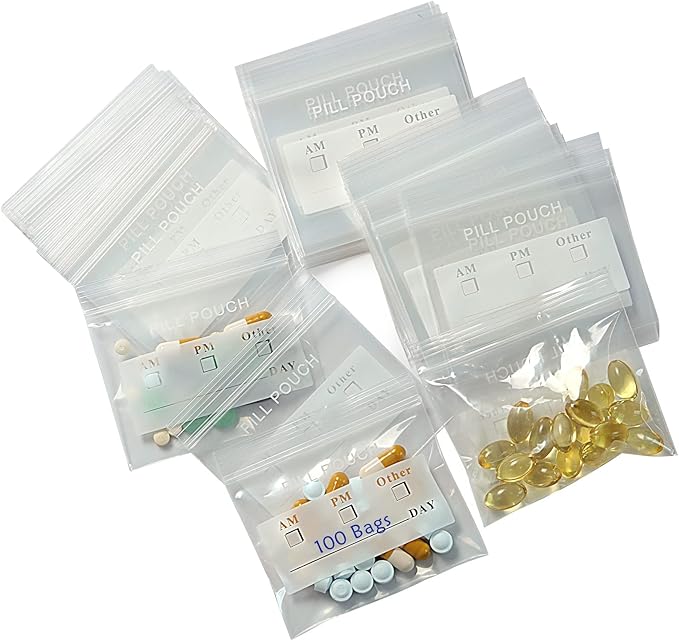 100 Packs Pill Bags BPA Free Pill Pouch 3 x 2.75'' Small Bag with Write-on Label Seal Waterproof Reusable Clear Ziplock Pill Pouches for Travel Medicine Organizer, Jewelry and Small Craft Pieces