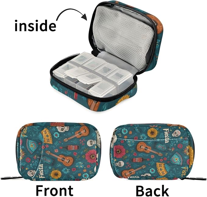 Green Fiesta Skulls Guitars Flowers Travel Pill Organizer Case Box Container Weekly Portable Vitamin Medicine Holder Storage Bag with Zipper Removable