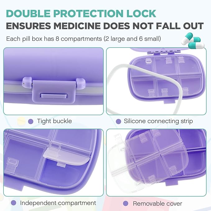 Layhit 30 Pcs Travel Pill Organizer Bulk with Labels Portable Daily Pill Dispenser 8 Compartments Medicine Storage Case for Vitamins, Fish Oils, Supplements (Blue,Pink,Purple)