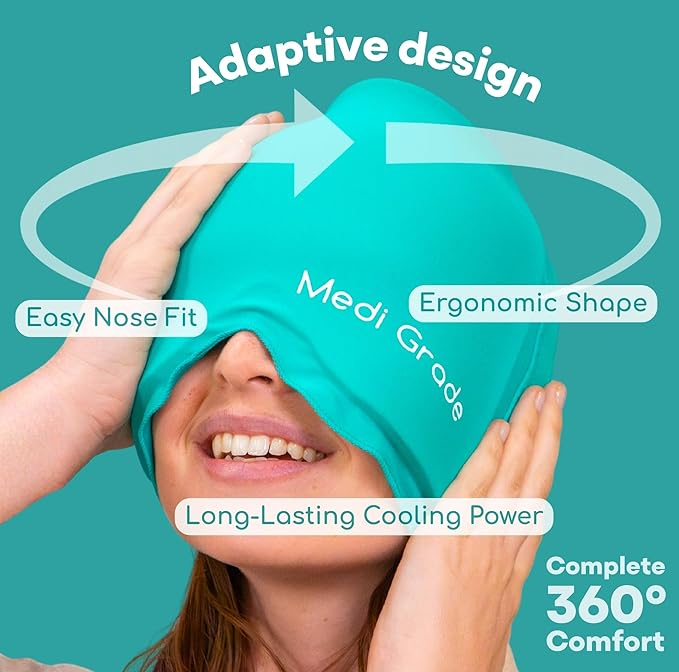 Medi Grade Migraine Relief Cap - Cooling Compression Headache Relief Cap with Full Coverage - Soft Flexible Fabric Gel Migraine Cap that Blocks Light, Reusable Migraine Mask for Cold Therapy