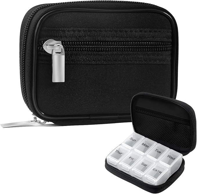 Pill Case Weekly Travel Pill Organizer for Purse with Removable 7 Day Pill Box Premium Neoprene Pill Container for Travel Purse Accessory, Vitamin, Supplement, Small Pieces Arrangement-Elegant Black
