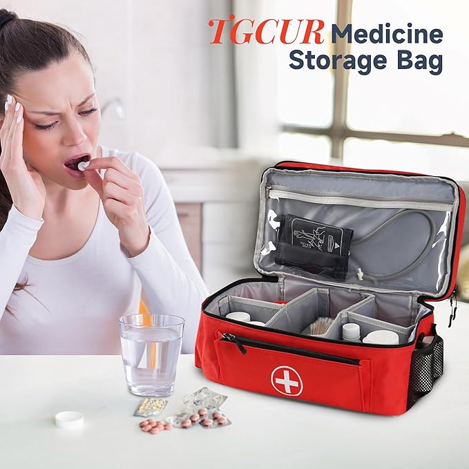 Medicine Organizer and Storage Bag Empty, Family First Aid Box, Pill Bottle Organizer Bag for Emergency Medication, Supplements or Medical Kits, Zippered Medicine Bag for Home and Travel (Red)