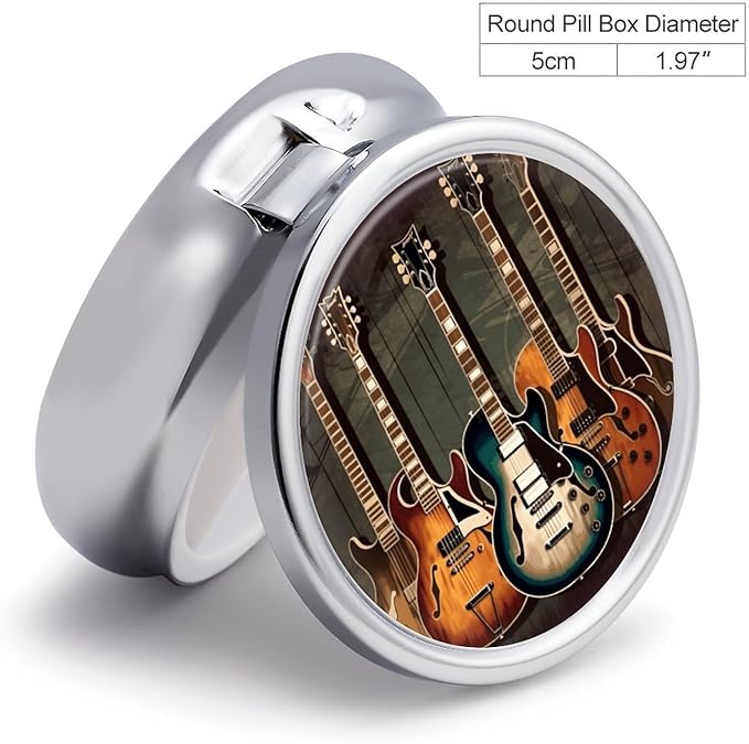 Guitars Art Pill Box 3 Compartment Small, Personalized Pill Organizer with Mirror, Portable Pill Case for Pocket Or Purse, Round Pill Containe Travel Gifts, Pill Holder