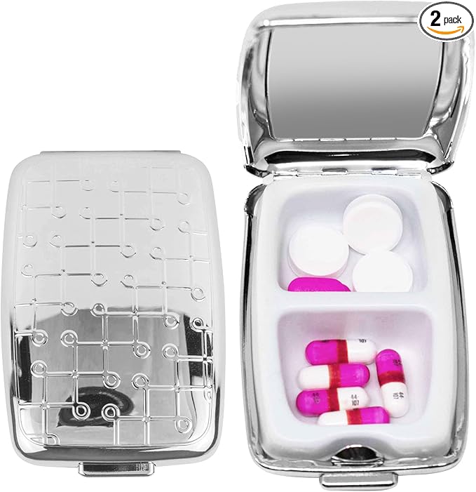 Set of 2 Etched Rectangular Pocket Purse Pill Box & Organizer with Dual Compartments (Square Loop)