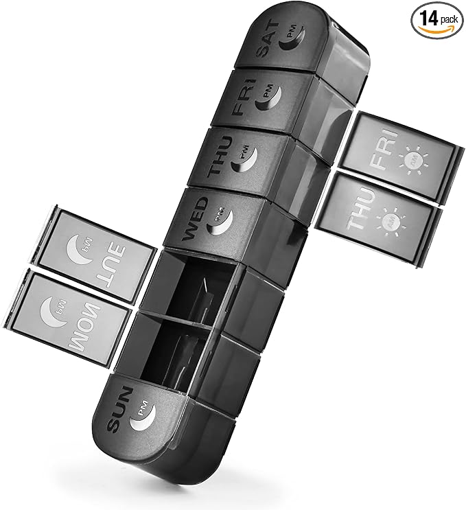 XL AM PM Pill Organizer 2 Times a Day, Fade Resistant Extra Large Weekly Pill Box 7 Day, Double-Sided 14 Compartments for Vitamins, Fish Oil, Supplements & Gummies (Black)