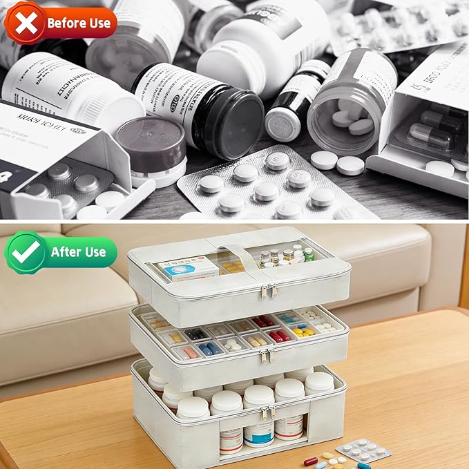 3-Tier Medicine Cabinet Organizer, Foldable Medicine Storage Box with Clear Cover and Handle, Fabric Multipurpose Medicine Organizer Box for First Aid, Home and Travel