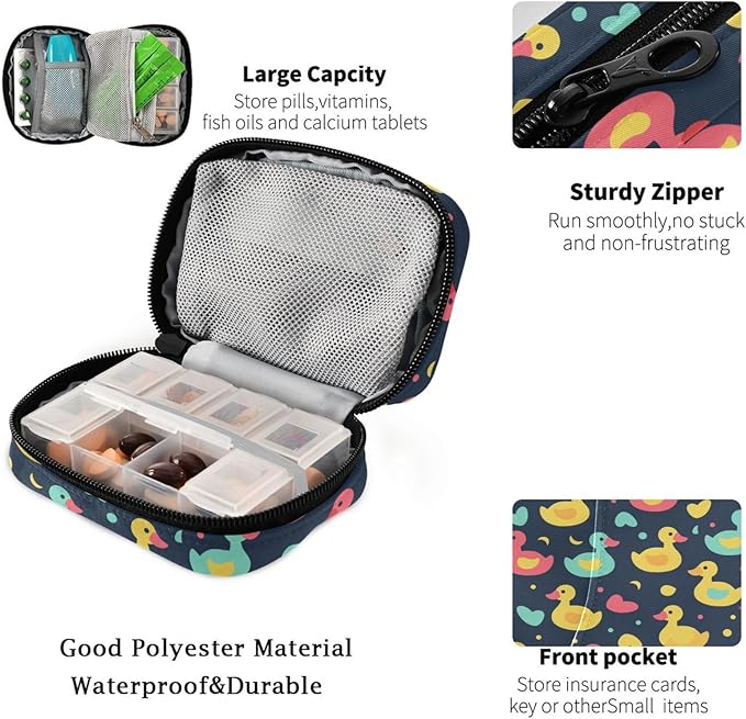 Fustylead Colorful Rubber Ducks and Hearts Travel Pill Organizer Bag with Zipper Small Pill Box 7 Day Pill Case for Purse Storage Weekly Vitamin Medicine Supplement