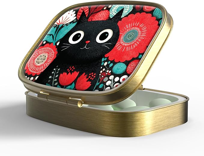 Small Pill Box Pill Case with Mirror Retro Pocket 2 Compartment Pill Holder for Purse or Pocket Bronze Portable Medicine Vitamin Container Fish Oil and Supplement Storage BPA-Free(Cute Cat)
