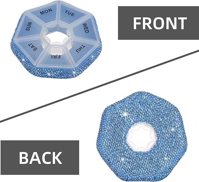 Round Pill Organizer Small Weekly Pill Case for Purse Bling Cute Medicine Pill Box Compact Vitamin Container 7 Day Daily Pill Holder Planner(Blue)