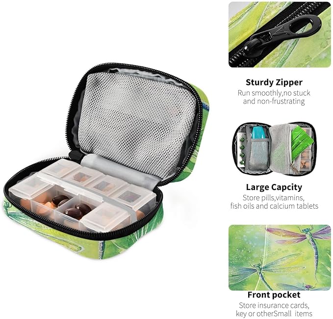 Travel Pill Case Green Dragonflies Weekly Small Pill Box 7 Day Pill Box Pill Organizer Bag