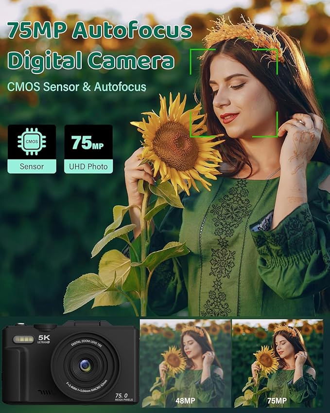 4K/5K Digital Camera – 75MP UHD Vlogging Camera for Photography & Video, WiFi, Autofocus, 3" Flip Screen, 18X Zoom – Compact Starter Kit (Pink)