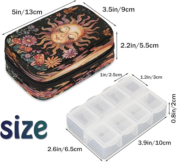 Flowers Sun Mushroom Butterfly Travel Pill Organizer Box Weekly Portable Pill Case Daily Pills 7 Day Small Birth Control Pills Container Removable Compartments for Medicine Vitamins Fish Oil