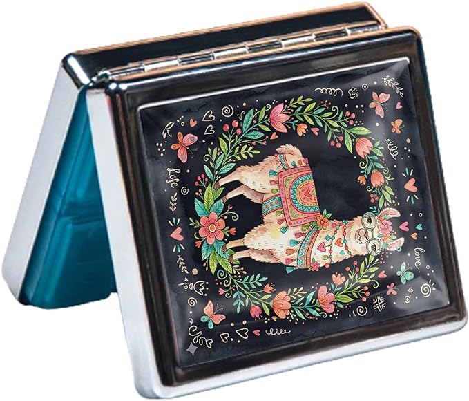 Metal 7 Day Pill Organizer, Weekly Pill Case with 8 Compartments, Travel Pill Box for Purse & Pocket, Small Medicine & Vitamin Organizer with PP Dividers (Floral Llama)