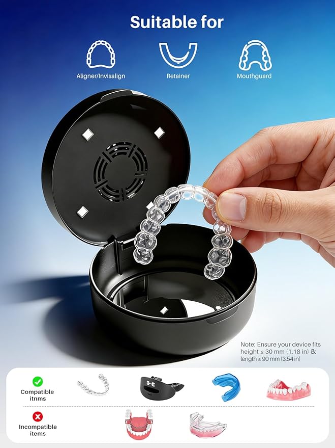 Voraiya UV Retainer Case with Fan, UVC Retainer Cleaner, Aligner Case Includes Vent Holes and Mirror, Portable Retainer Holder Box for Mouth Guard, Aligners, Night Guard, Black