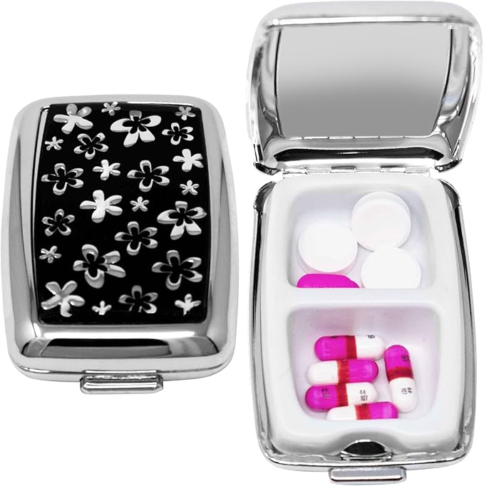 Set of 2 Dual-Compartment Rectangular Pocket Purse Pill Box & Organizer with Insert (Black Flowers)