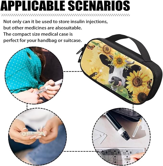 Insulin Cooler Travel Case, Cute Sunflower Cow Insulated Diabetic Bag with Handle Portable Medication Cooler Bag for Insulin Pens and Blood Glucose Monitor Supplies