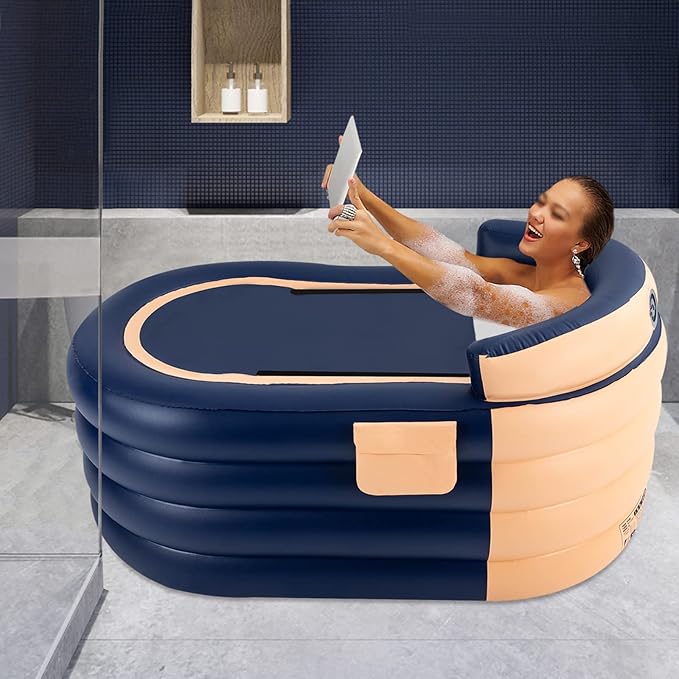 55.1 in Portable Bathtub for Adults, Foldable Inflatable PVC Bathtub with Electric Pump & Bath Pillow Headrest, Outdoor & Indoor Freestanding Collapsible Tub for Toddler Spa Hot Ice Bath (Orange)