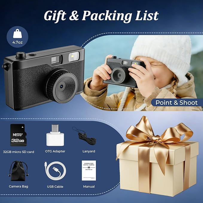 Screen Free Digital Camera, Reusable 12MP Vintage Digital Camera with Unlimited DIY Filters, OTG Support and Flash Light for Summer Camp with 32GB Micro SD Card, OTG Adapter and Type-C Cable（Black）